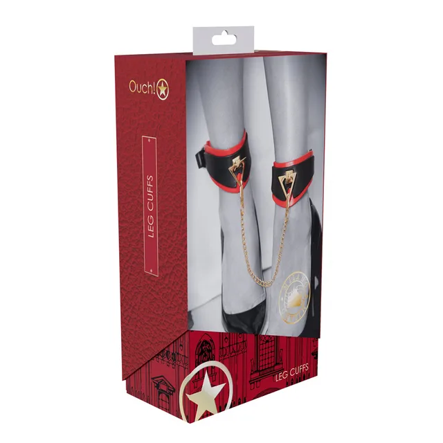black and red Milan Collection leg cuffs with gold chain on box