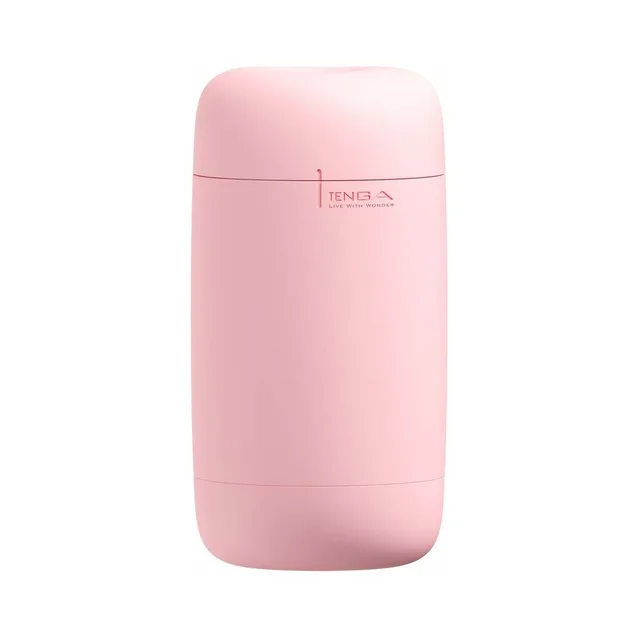 Strawberry-pink rectangular Tenga Puffy stroker case on white background