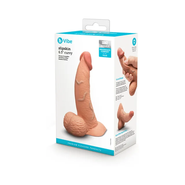 Mocha 6.5-inch Slipskin Curvy dildo beside retail box