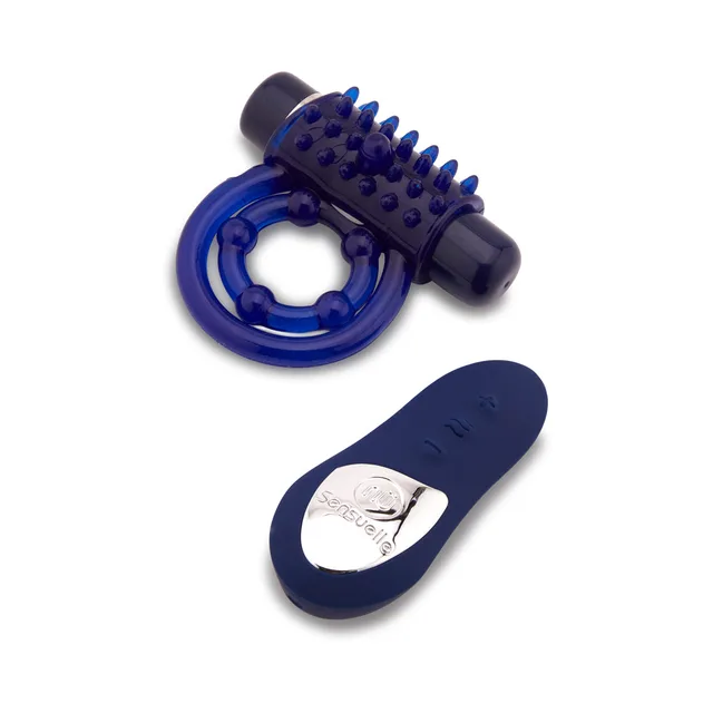 blue Endure ring with textured module beside dark blue oval remote