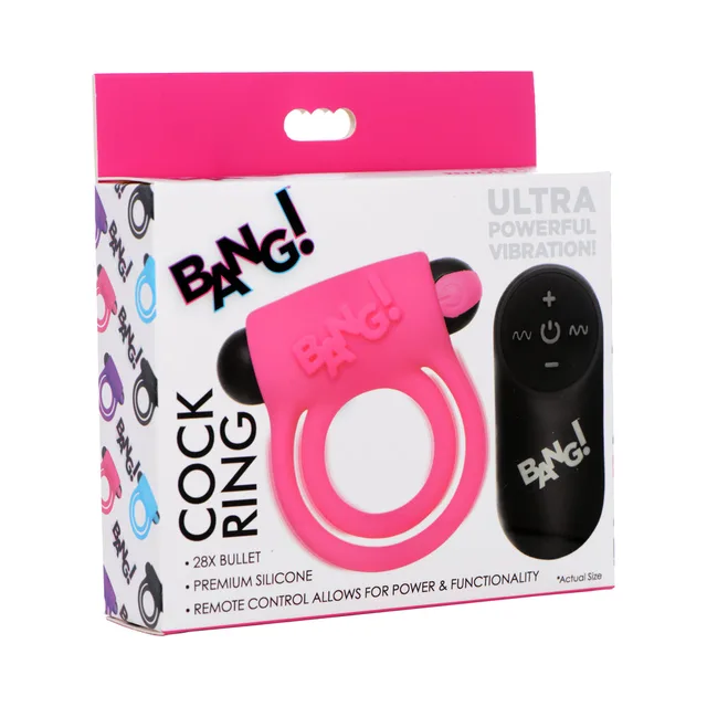 pink BANG silicone double cock ring with black bullet and wireless remote on box