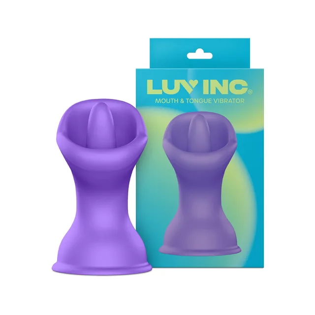 Purple Luv Inc MV57 mouth-and-tongue vibrator displayed beside teal package