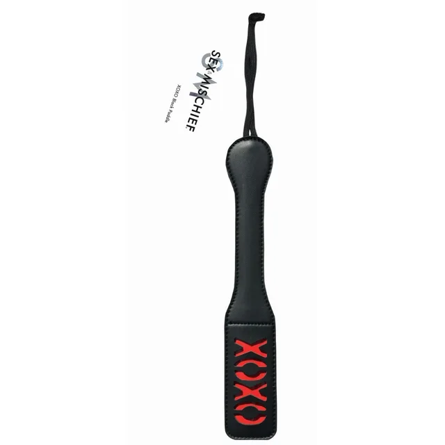 Sex and Mischief Black XOXO Paddle full paddle with red X cutouts and hanging loop