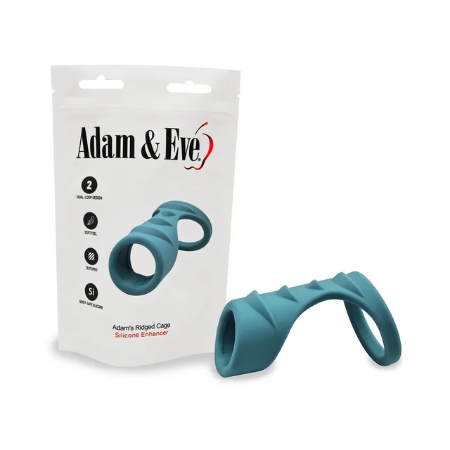 Adam's teal Ridged Cage displayed beside white hanging pouch
