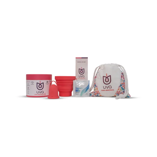 Uva Cup A red menstrual cup set cup tin sterilizer and floral pouch arranged together