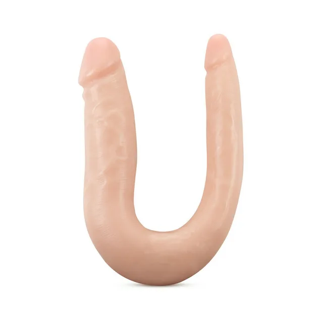 Upright view of beige U-shaped dual-ended dildo