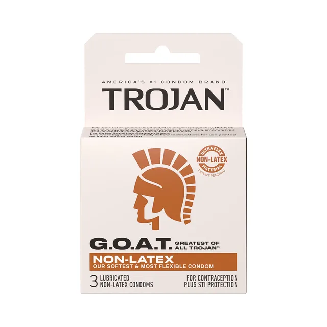 Trojan G.O.A.T. non-latex 3-count carton front with raised top flap