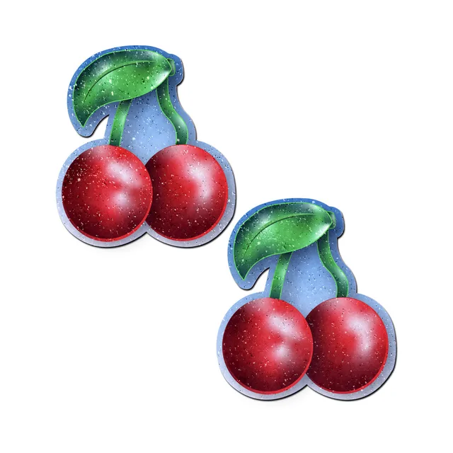 Pair of red twin-cherry pasties with green leaves