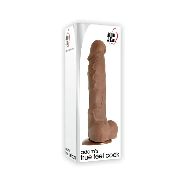 Adam & Eve Adam's True Feel brown 7-inch dildo displayed in its white retail box