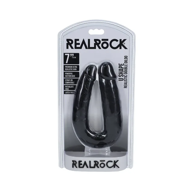 black U-shaped RealRock double dildo in clear hanging retail clamshell