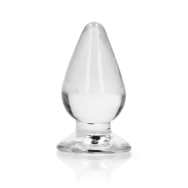 Upright clear RealRock teardrop anal plug