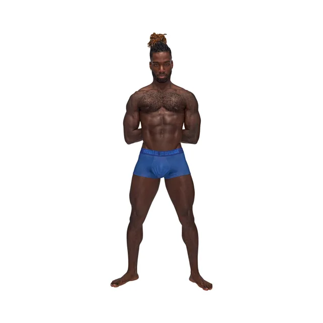 Full front view of male model wearing blue Sexagon mini short