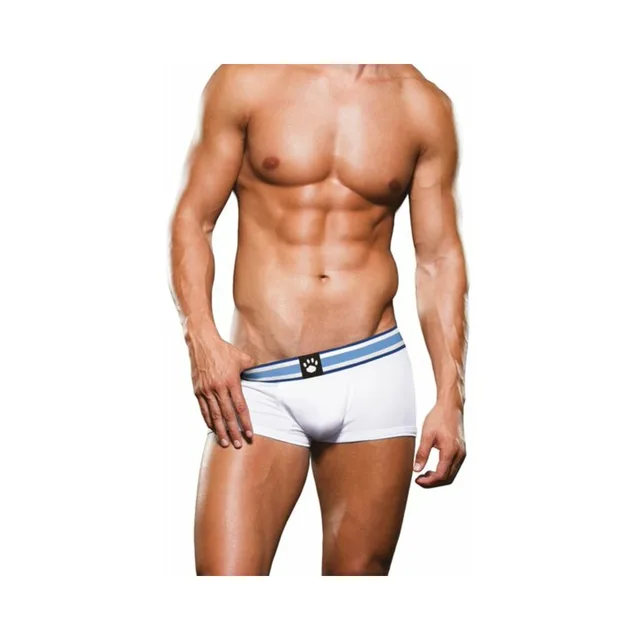 Model wearing XL white Prowler trunk from the front