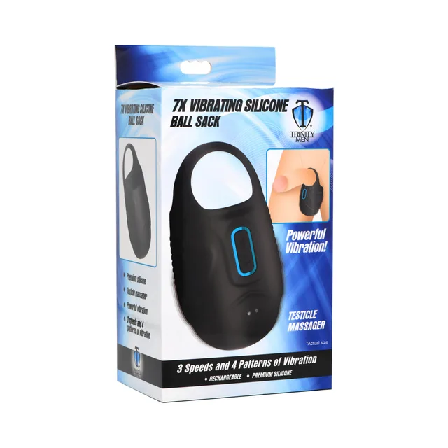 Trinity Men 7X black vibrating silicone ball sack pictured on retail box