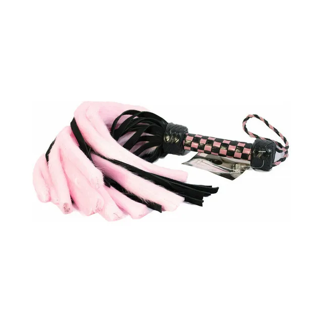pink fluff and black leather mini flogger with woven handle, wrist loop and metal ring