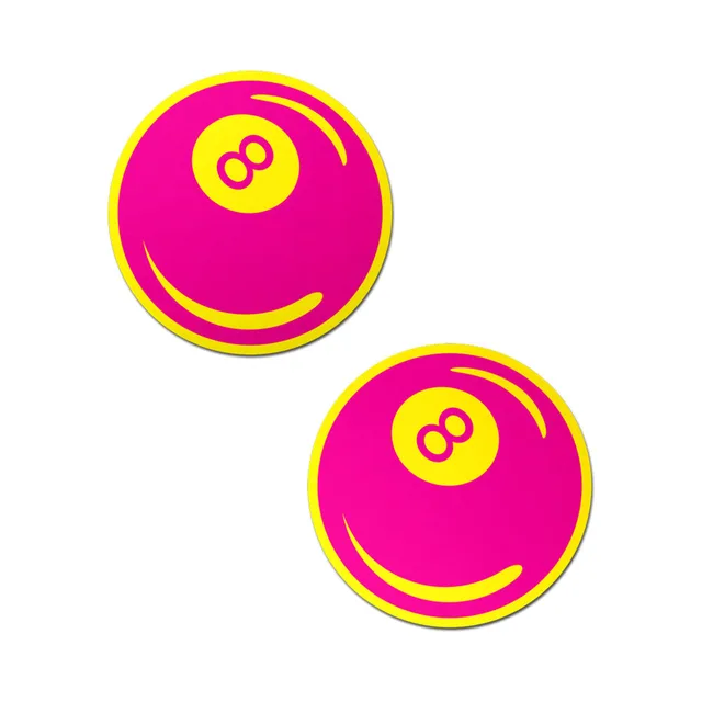 Pastease neon pink and yellow 8-ball breast pasties matching round pair with yellow number eights and curved accents