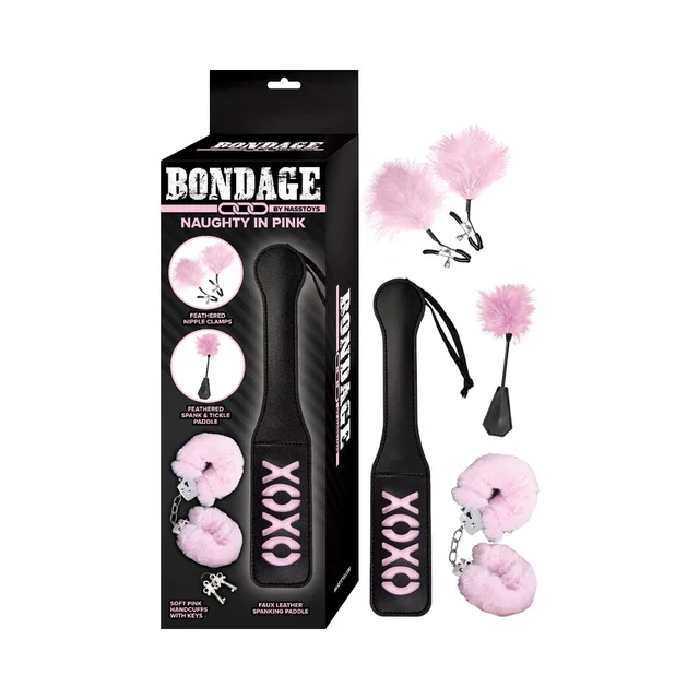 Naughty in Pink black and pink kit with cuffs, feather crop and box