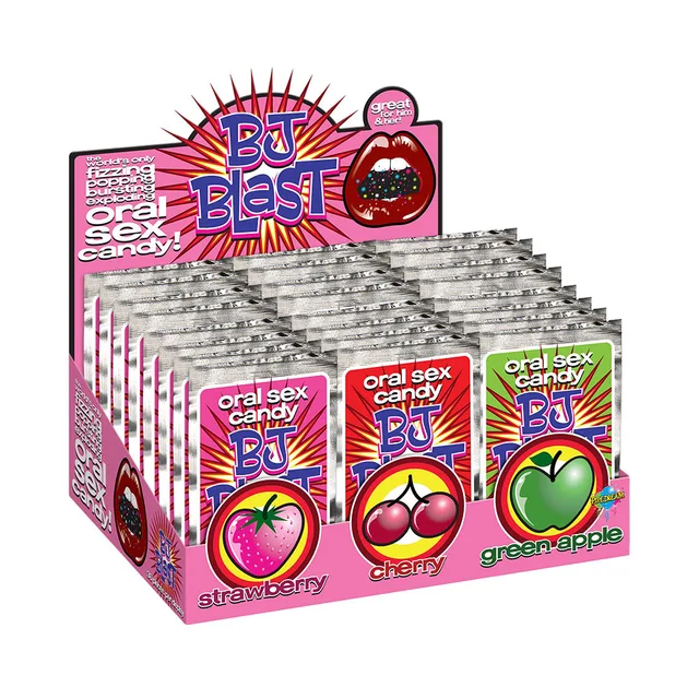 Open BJ Blast counter display filled with strawberry, cherry, and green apple packets