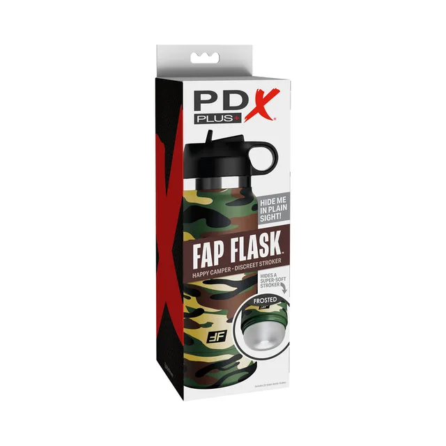PDX Plus Happy Camper camouflage flask box with frosted sleeve opening