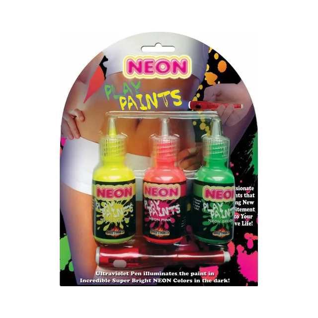Neon Body Paints 3-Pack three neon paint bottles and penlight on retail card