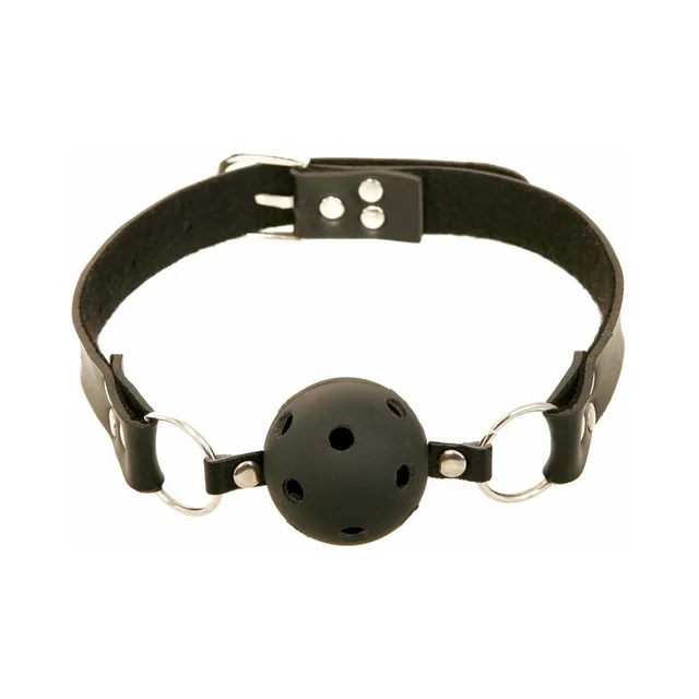 Black perforated ball gag with adjustable strap and metal rings