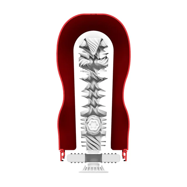 TENGA Super Storm Crash red and white stroker cutaway of the clear sleeve with angled fins and raised nodes