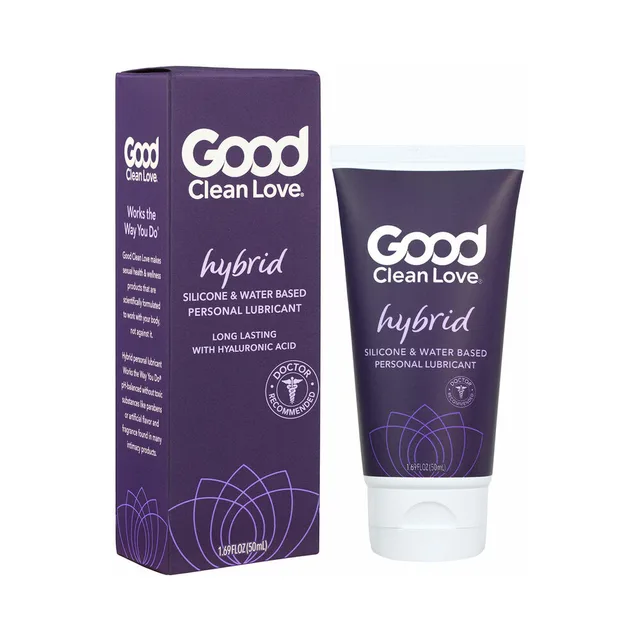 purple Good Clean Love Hybrid lubricant tube beside matching carton