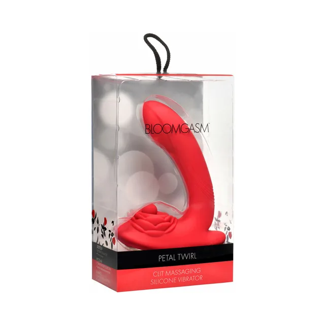 Bloomgasm Petal Twirl red silicone vibrator inside a clear-front retail box