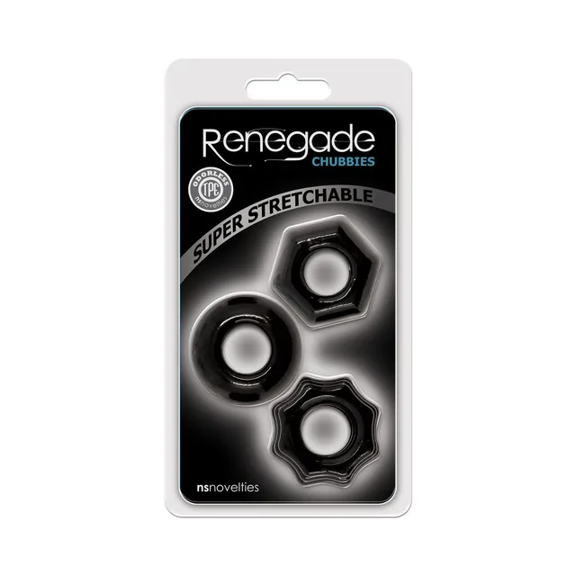 Renegade Chubbies black cock ring 3-pack in clear blister package