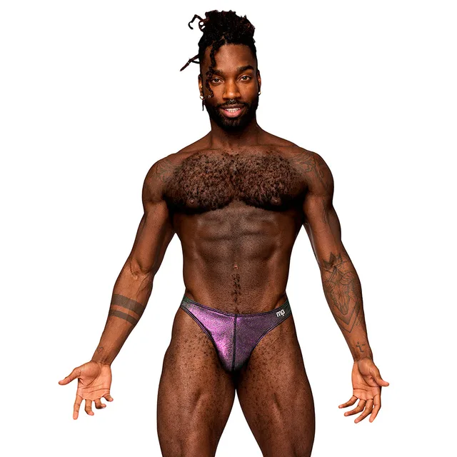 Male model wearing purple Matchmaker Uplift Bong Thong size S/M