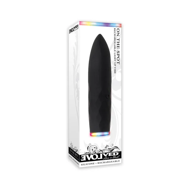 Black Evolved On The Spot bullet vibrator inside tall white retail box