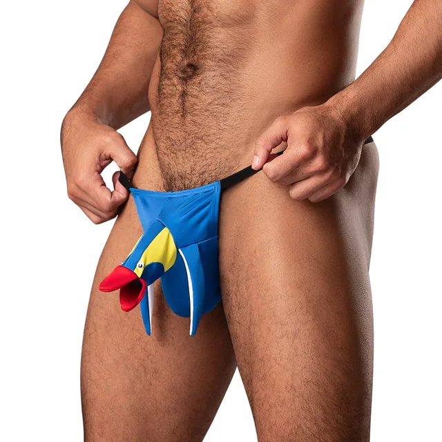 Male Power Blue Swallow blue novelty bird G-string front view worn by model