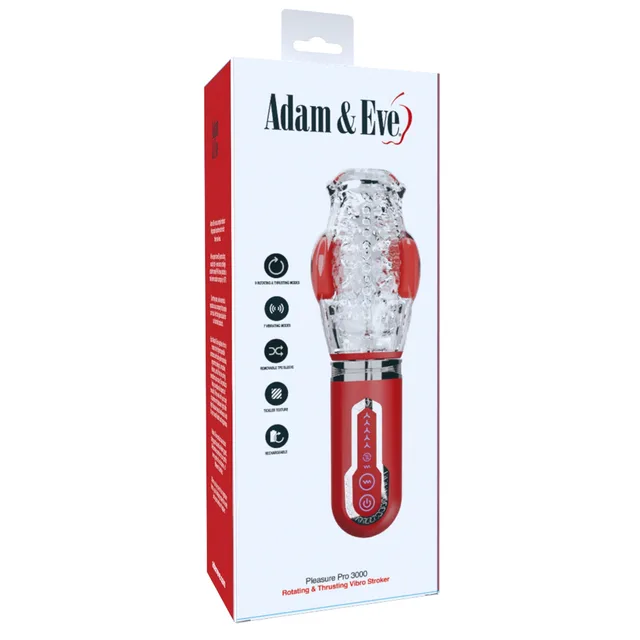 Adam and Eve Pleasure Pro 3000 clear stroker beside white and red retail box