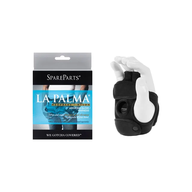 black XL SpareParts La Palma left-hand glove harness beside retail package