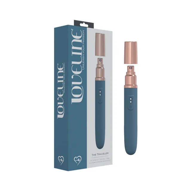 blue LoveLine Traveler slim vibrator with rose-gold cap beside box