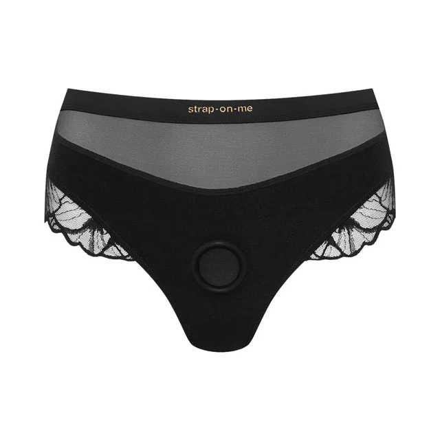 Strap-On-Me Sublime black lace harness size S flat front view with sheer V waistband and circular opening