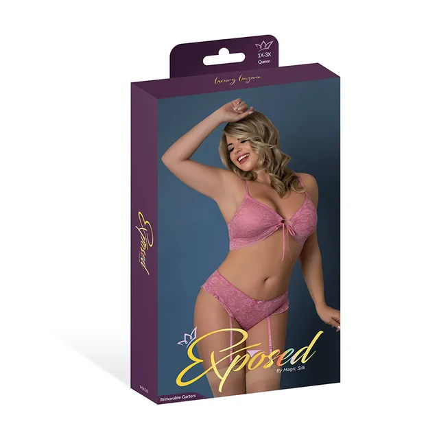 Magic Silk Wisteria Mist pink bralette set Queen displayed in purple retail packaging