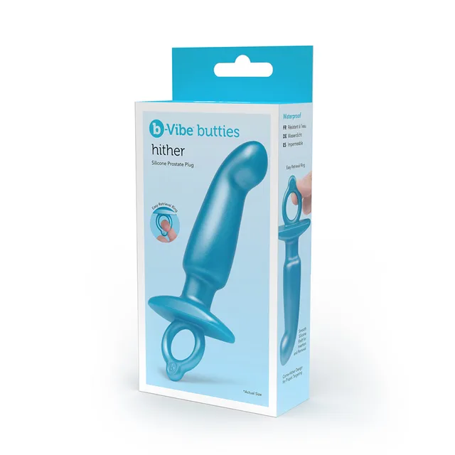 b-Vibe Butties Hither blue curved prostate plug pictured on white box