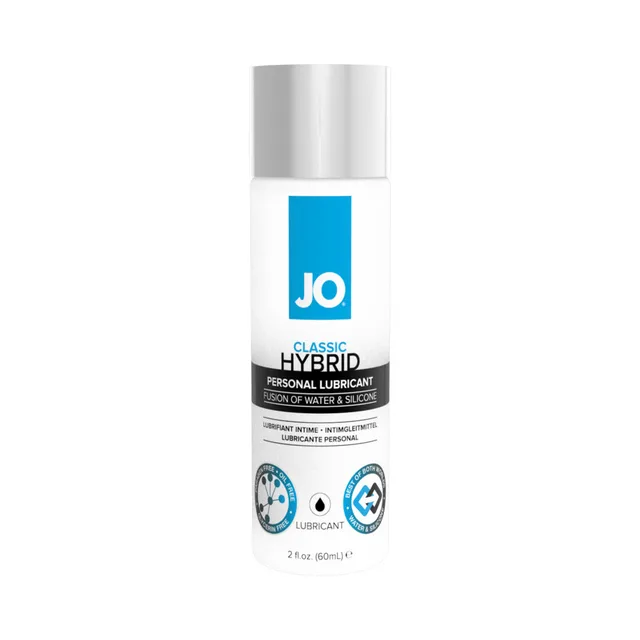 Front of 2 oz System JO Classic Hybrid white bottle with blue label