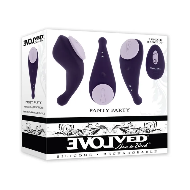Evolved Panty Party purple wearable vibrator shown on white retail box