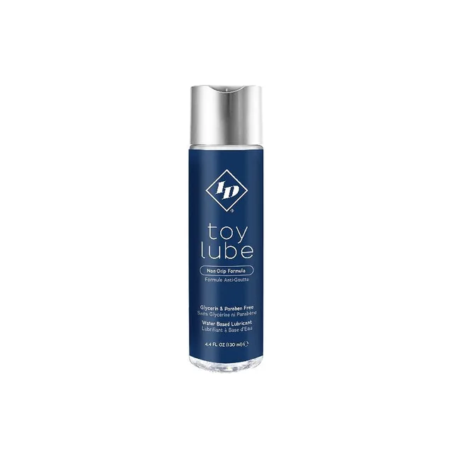 Blue 4.4 oz bottle of ID Toy Lube with silver cap