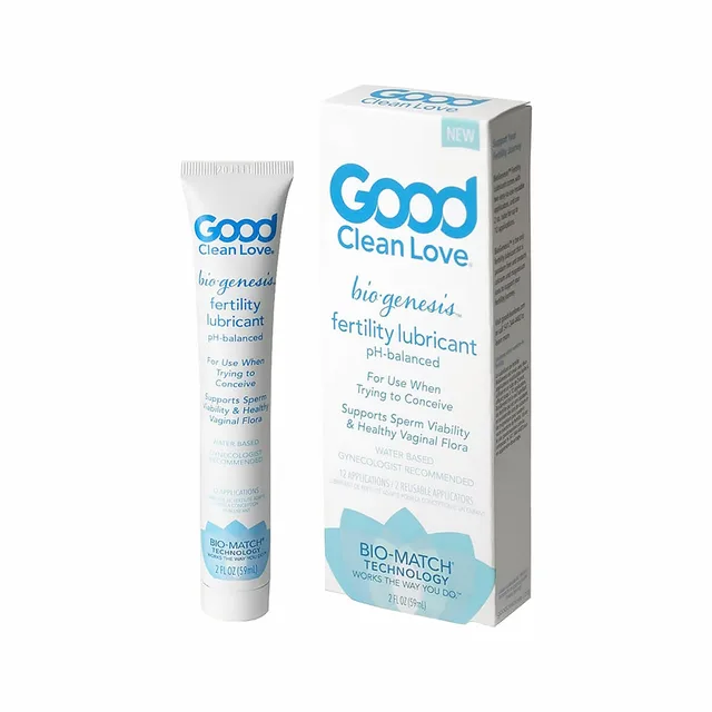 white and blue Good Clean Love BioGenesis 2 fl oz tube beside matching carton