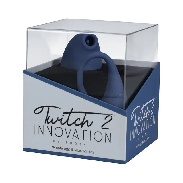 blue-gray Shots Twitch 2 massager and remote egg in clear display box
