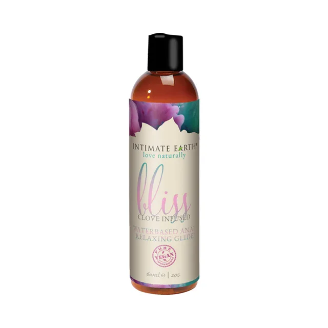Intimate Earth Bliss 2 oz amber bottle with floral cream label