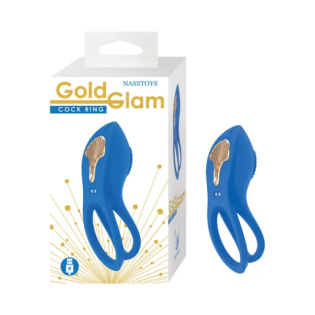 Blue Gold Glam dual-ring device beside white retail box