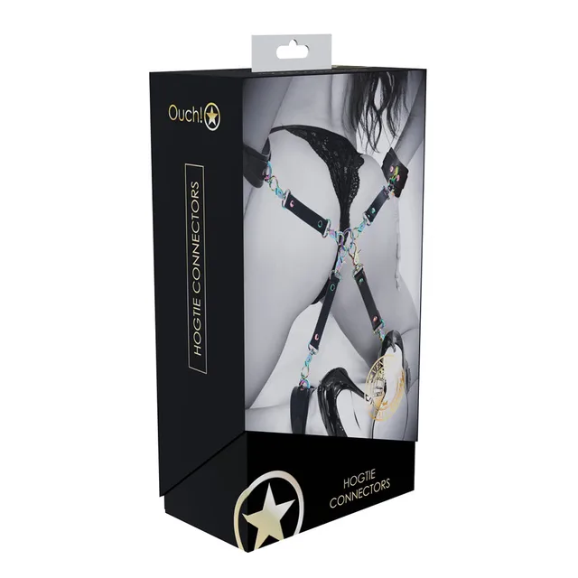 black Venice Collection four-way hogtie connectors with rainbow hardware on box