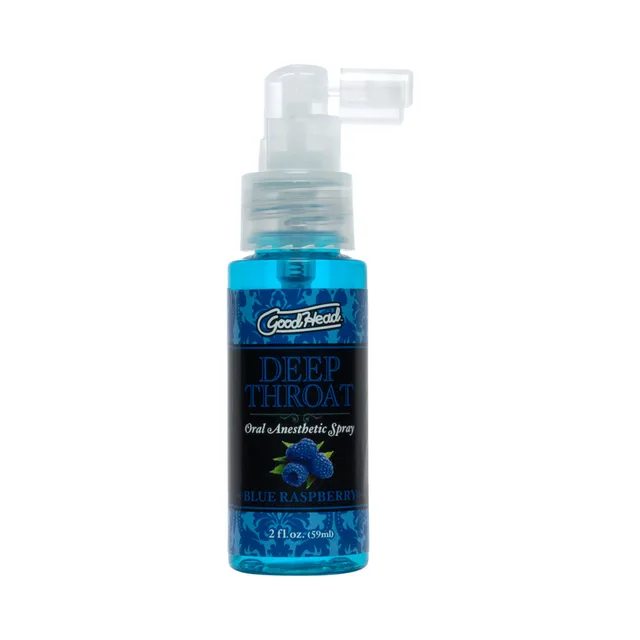 Doc Johnson GoodHead Blue Raspberry spray clear pump bottle with blue liquid and angled white actuator