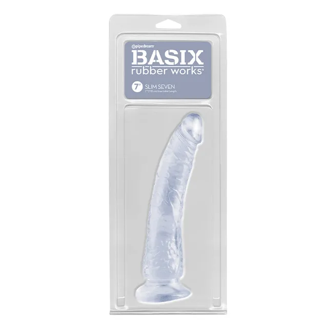 Clear Pipedream Basix Slim Seven dildo with textured shaft and round suction cup base in package