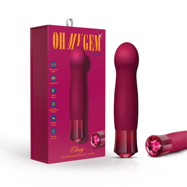 Blush Oh My Gem Classy garnet silicone vibrator beside red retail box and faceted end cap