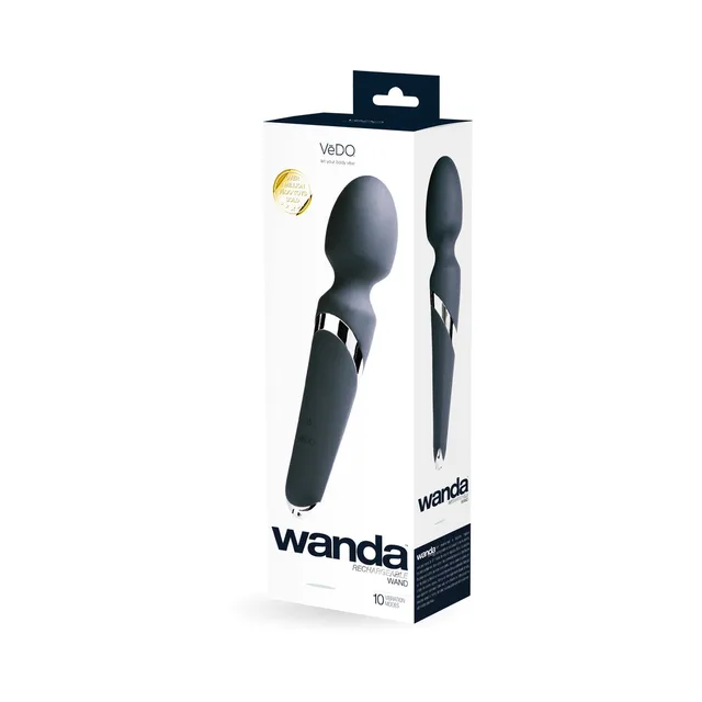 VeDO Wanda black rechargeable wand vibrator in angled retail box